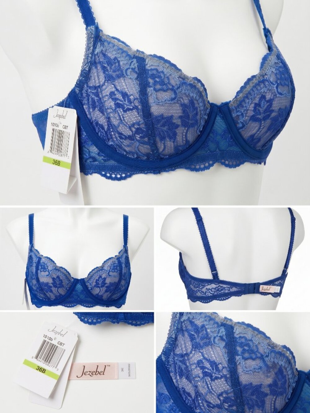 Jezebel Seduction Demi Bra 36B NWT Blue Sheer Lace Unlined Underwire 10100